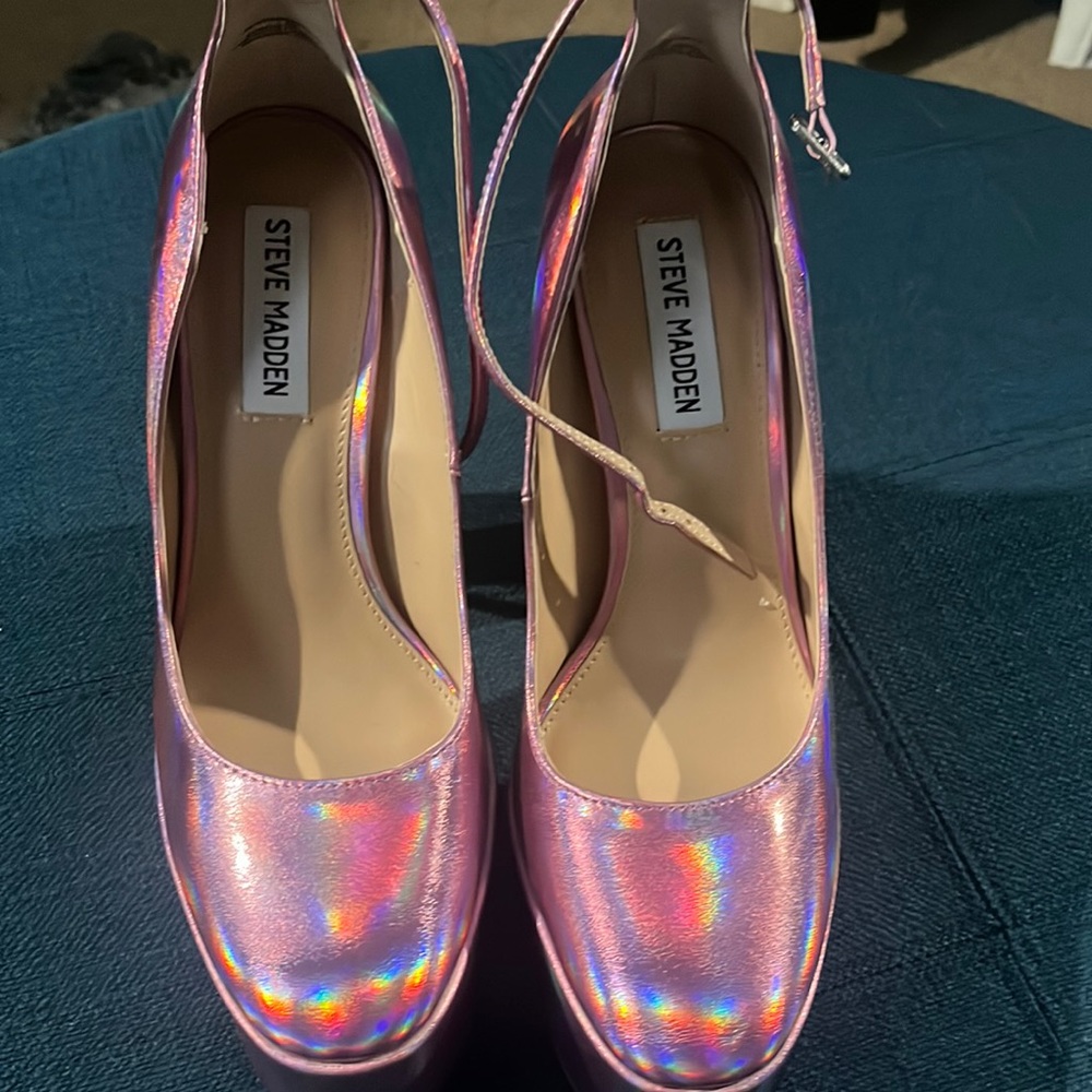 Iridescent pink platform heels.